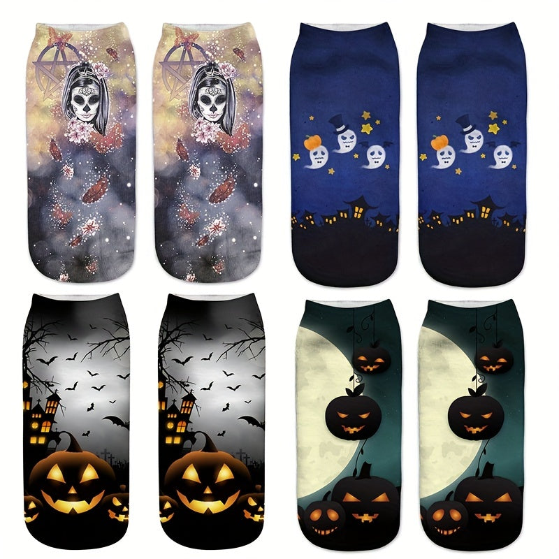4 Pairs Skull & Pumpkin Print Socks Low Cut Women's Stockings