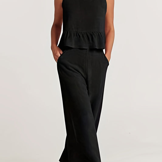 Solid Casual Two piece Set Crew Neck Buttons Tank Top & Wide Leg Pants