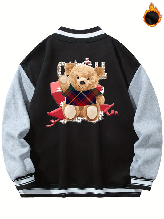 Men's Teddy Bear Print Jacket with Baseball Collar and Pocket