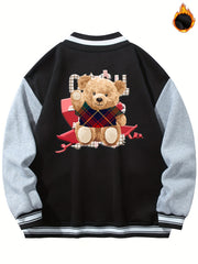 Men's Teddy Bear Print Jacket with Baseball Collar and Pocket