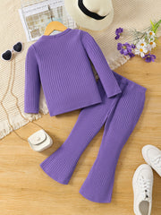 Girl's Ribbed Long Sleeve Top & Flared Pants Set for Spring Fall