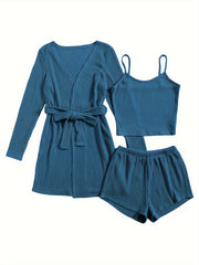 Ribbed Pajama Set Long Sleeve Robe & Cami Top & Shorts