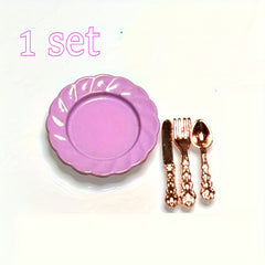 Vintage Metal Dollhouse Accessory Set Cake Plate Fork & Spoon