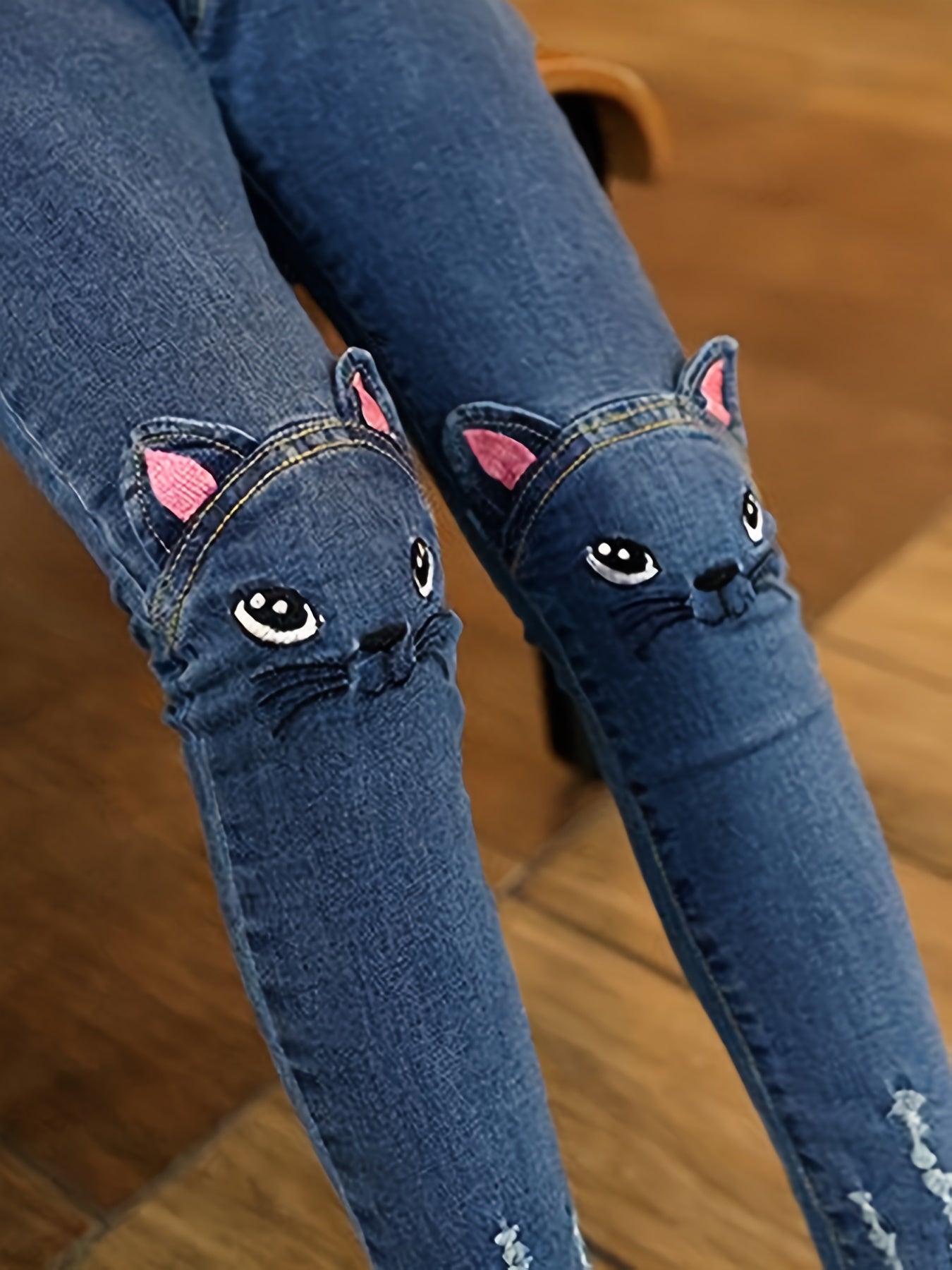 Boys Ripped Skinny Jeans Cat Design Tasseled Denim Pants