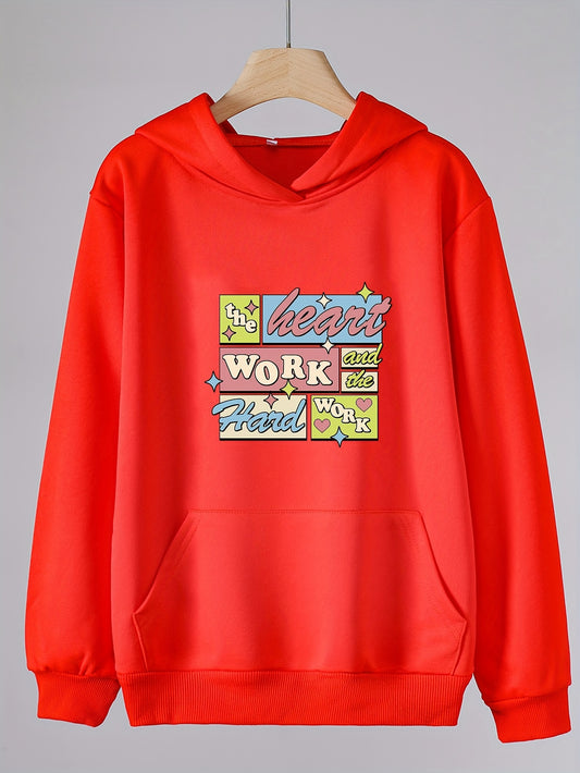 Girls Heart & Hard Work Print Hoodie Comfy Pullover Spring Fall Gift