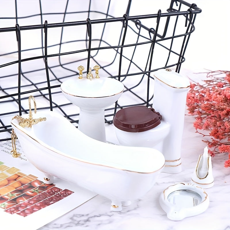 5pcs Ceramic Bathroom Set with Mini Bathtub Mirror & Toilet Figurine Decor