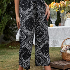 Patchwork Print Belted High Rise Wide Leg Crop Trousers