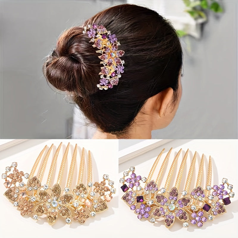 Crystal Rhinestone Hair Comb Flower Decor Non-slip Hair Ornament