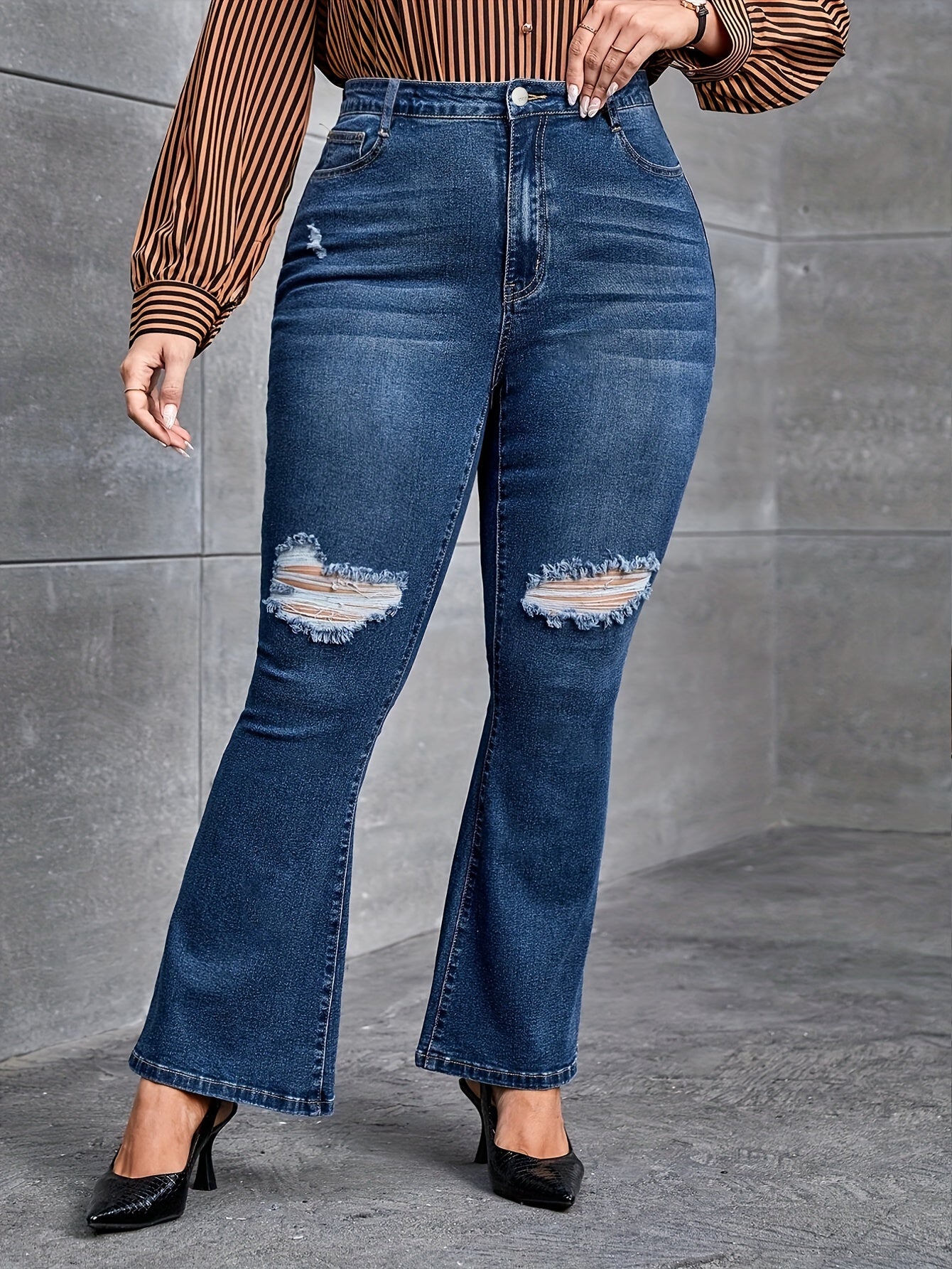 High Rise Ripped Flared Jeans Plus Size Stretch Denim Pants