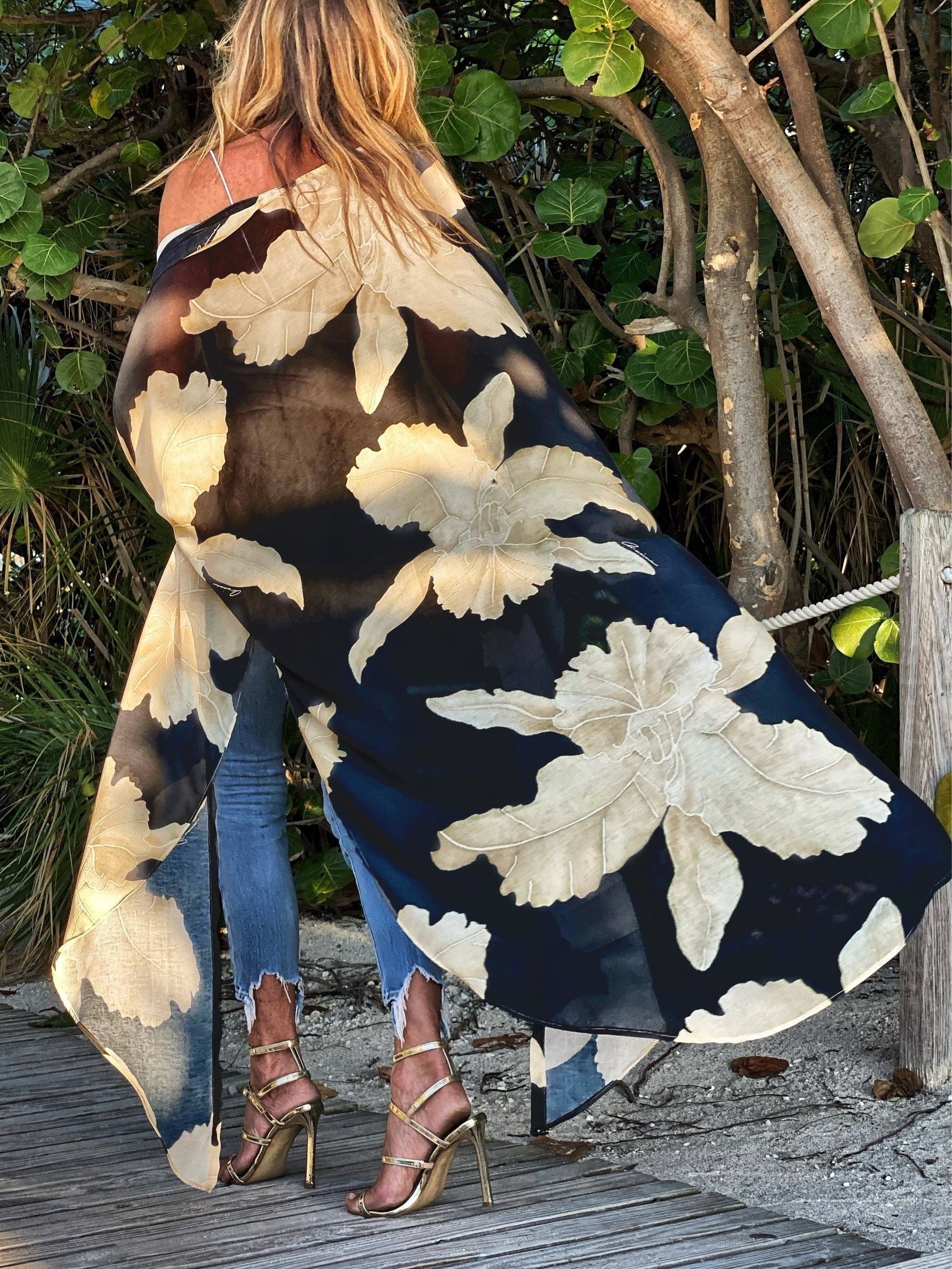 Floral Print Kaftan & Pants Set Sheer Cover Up 2 Piece