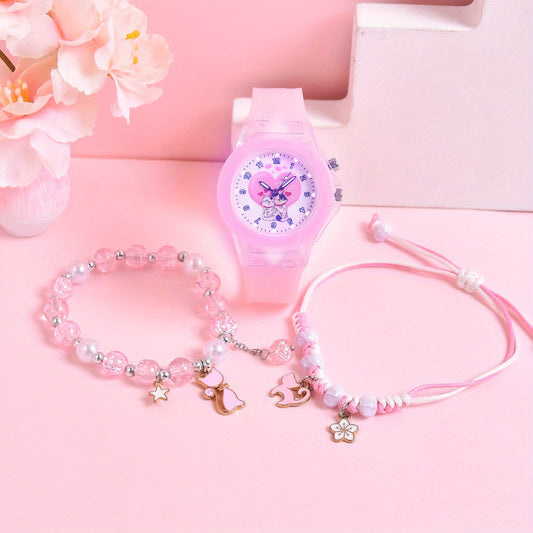 Girls' Cartoon Cat Watch Gift Set with Pendant Bracelet