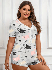  Cat & Letter Print V Neck Romper