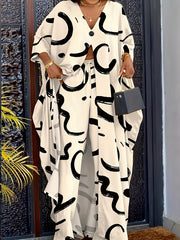 Plus Bat Sleeve V-Neck Top & Floral Pants Set