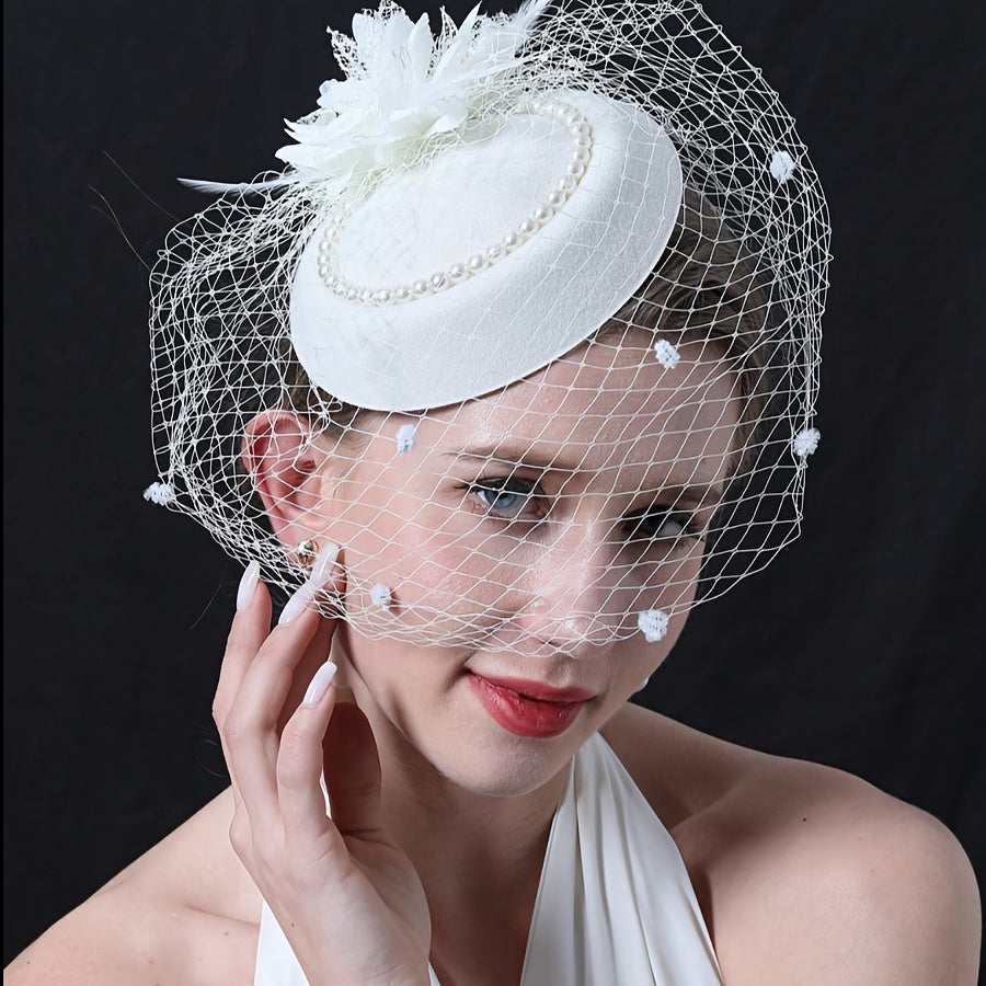 Women's Mesh Beret Top Hat Headband with Feather Accents