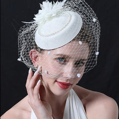 Women's Mesh Beret Top Hat Headband with Feather Accents