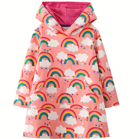 Girls' Unicorn Pattern Long Sleeve Sweatshirt Dress Cotton Hooded Dress