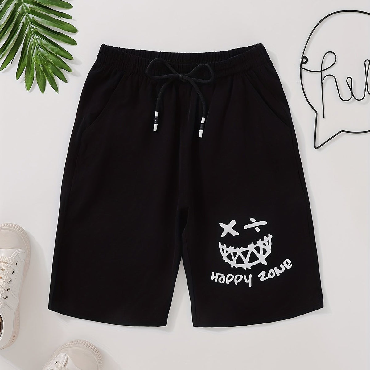 Smile Face And HAPPY ZONE Print Boys Comfortable Shorts