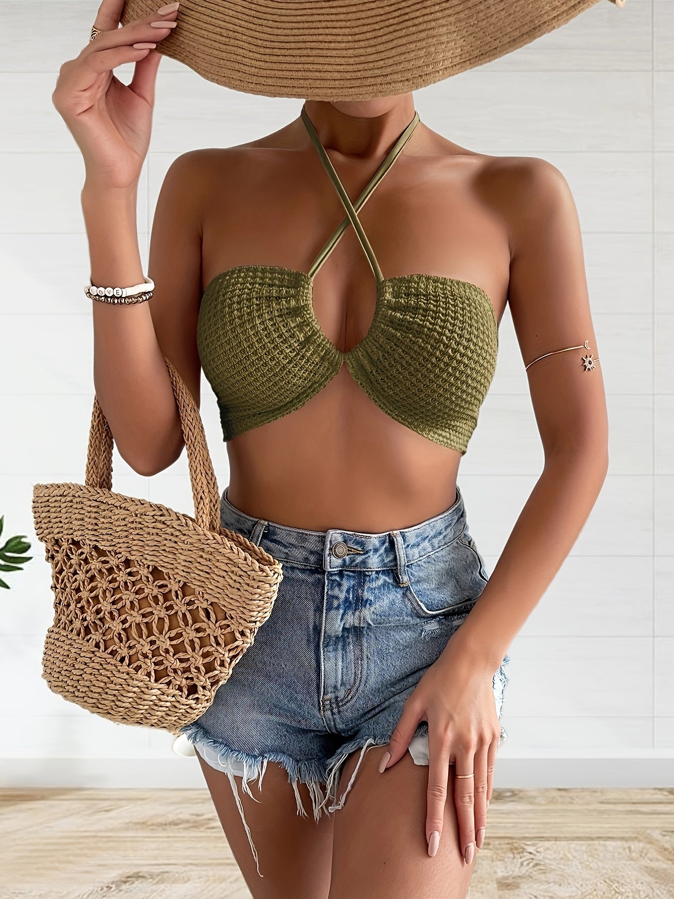 Cross Front Halter Crop Top Tie Back Summer Sleeveless