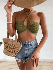 Cross Front Halter Crop Top Tie Back Summer Sleeveless