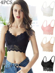4pcs Lace Wireless Bralettes Scallop Trim Bra Women's Lingerie