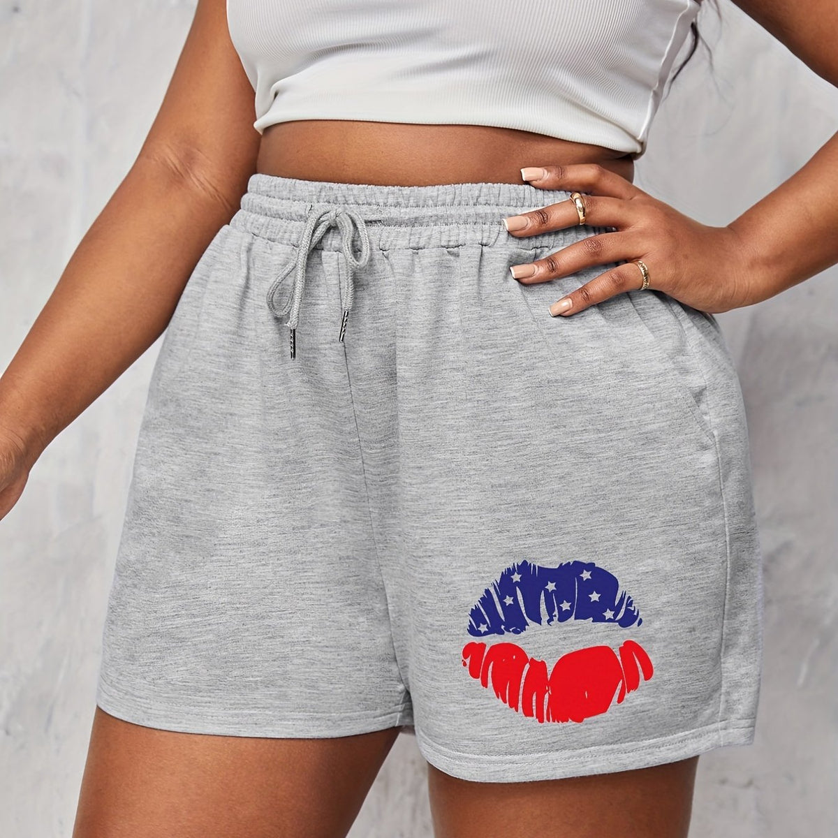 Flag Lips Print Drawstring Stretch Shorts