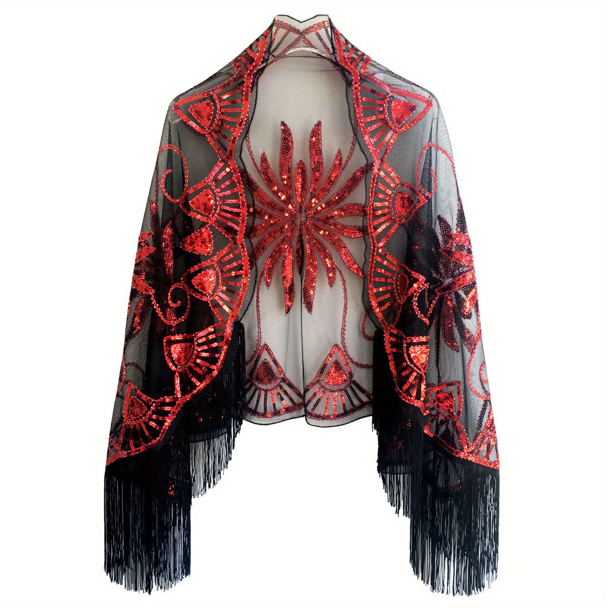 Vintage Sequin Beaded Tassel Shawl 1920s Large Cape Flapper Shawls