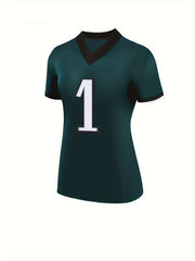 Women's Green Football Jersey V-neck Short Sleeve T-shirt