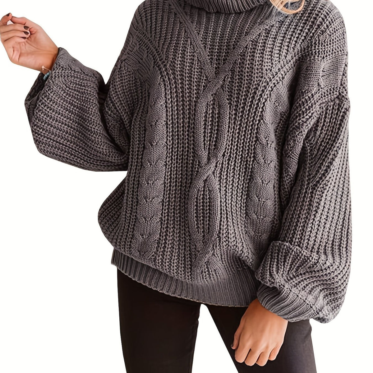 Casual Solid Lantern Sleeve Pullover Sweater