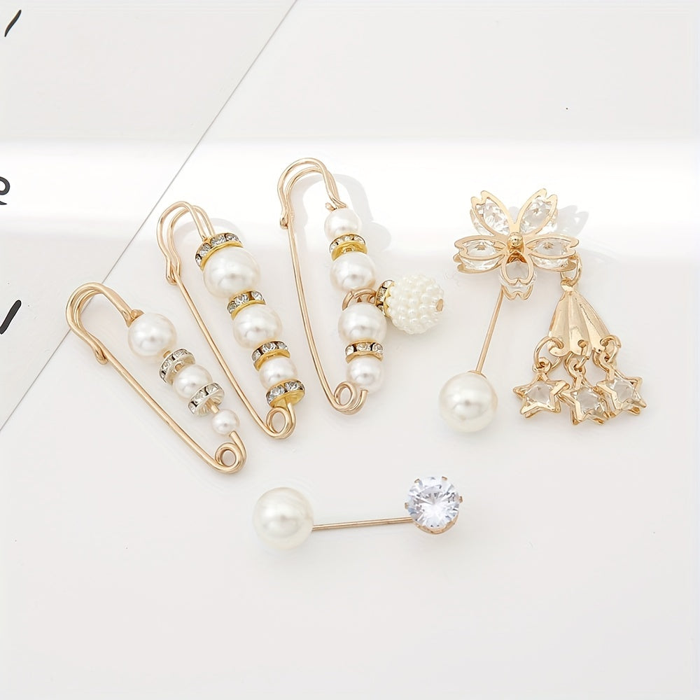 5pcs Pearl Decorated Scarf Pins Waist Safety Pins Brooches