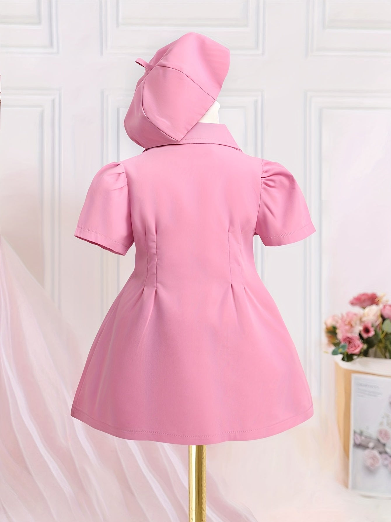 2pcs Baby Girls Short Sleeve Tunic Dress & Beret Set
