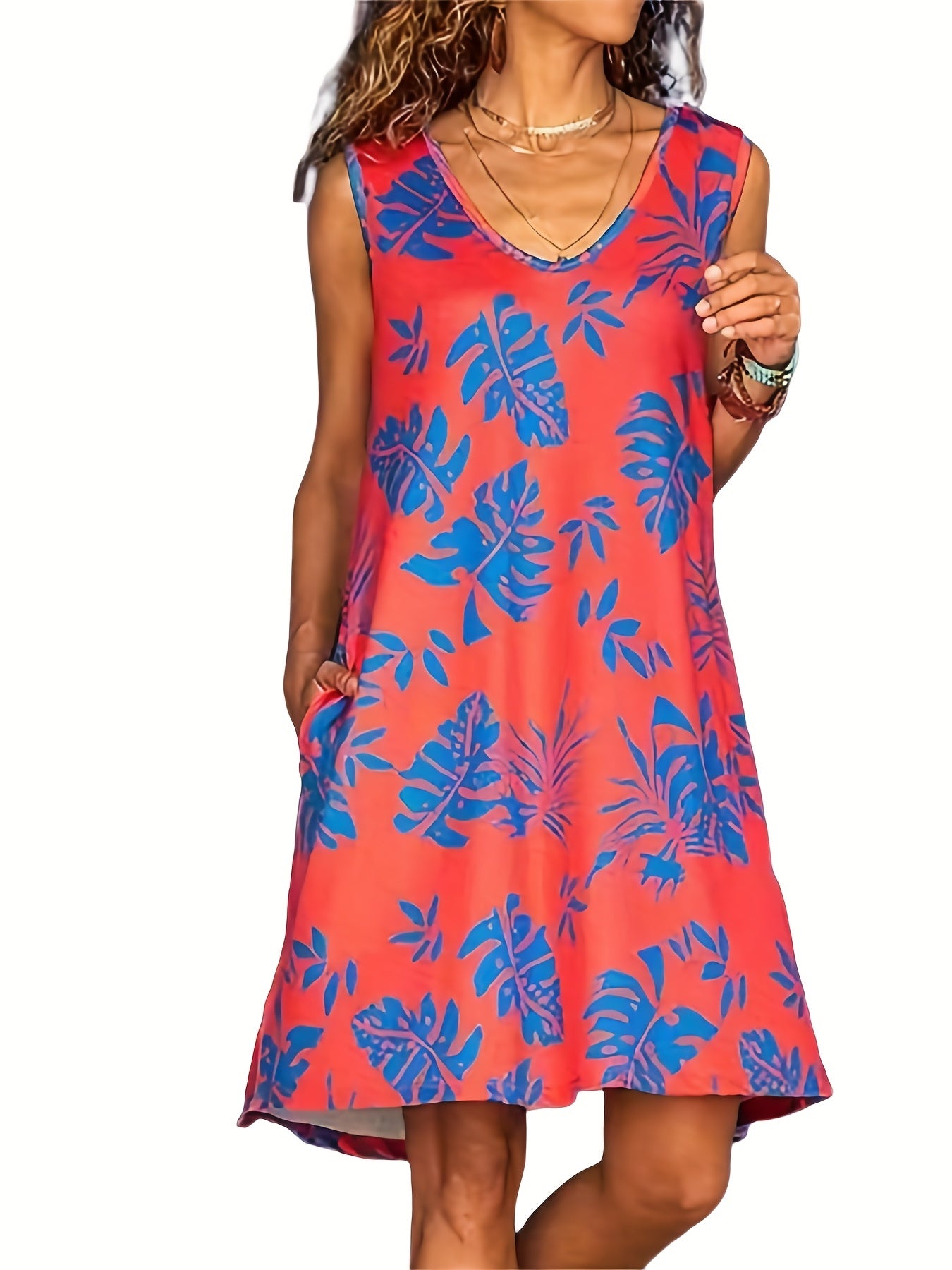  Tropical Print Tank Dress With Pockets