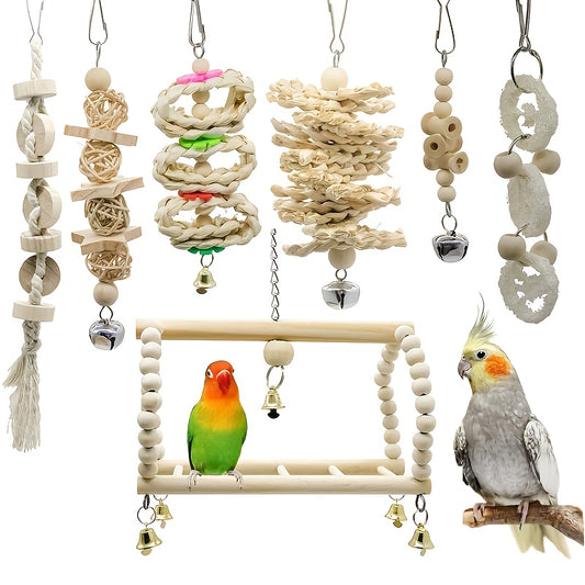 7pcs Parrot Swing Chewing Toy with Hanging Bells