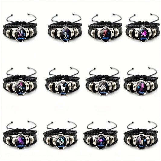 12 Constellation Leather Woven Bohemian Denim Bangle