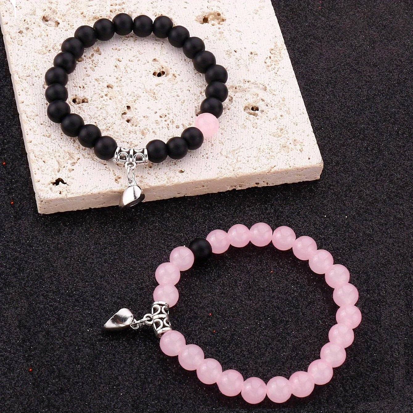 Crackle Beaded Bracelet Set Magnetic Heart Pendant Matte Beaded Couples Bracelet