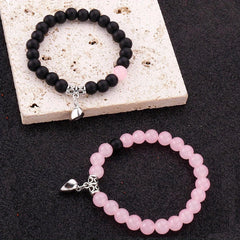 Crackle Beaded Bracelet Set Magnetic Heart Pendant Matte Beaded Couples Bracelet