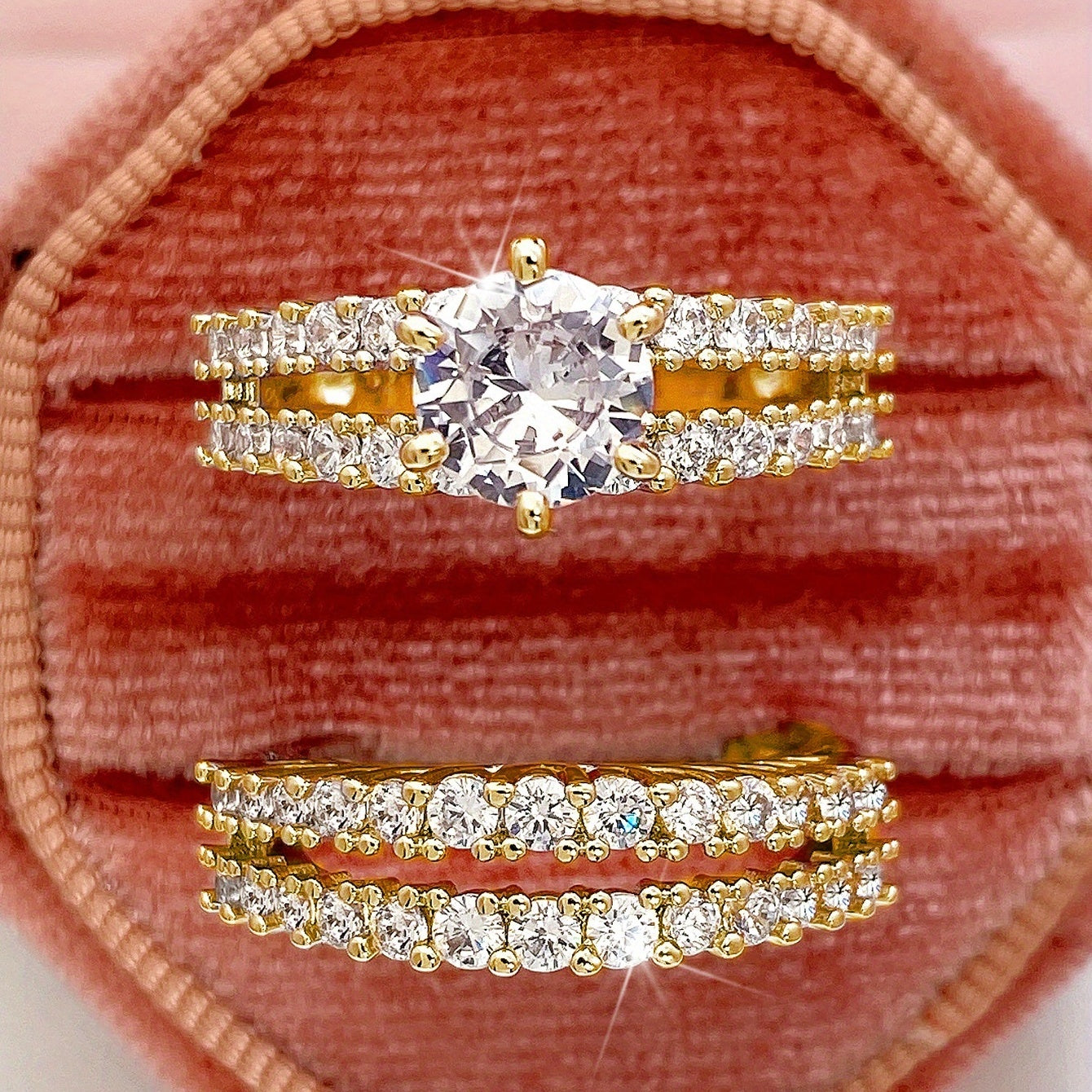 2 Pcs Bridal Wedding Rings 18K Plated 6 Prong Setting Zircon Rings For Women