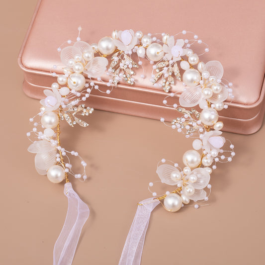 Pearl Floral Headband Golden Leaf Tiara Headgear