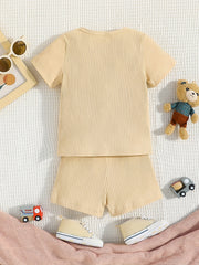 Striped Bear Print Short Sleeve Tee & Shorts Boy's Set