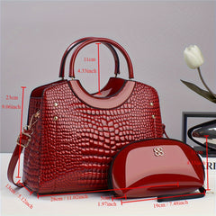 Stylish Crocodile Embossed Handbag & Clutch Set