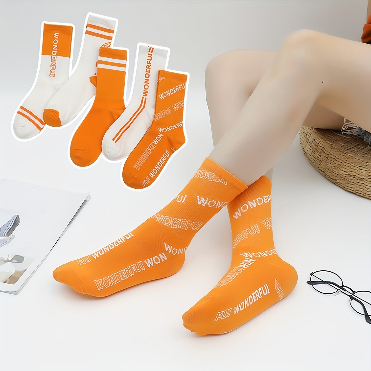 5 Pairs Letter Print Sports Mid Tube Socks Women's Stockings & Hosiery