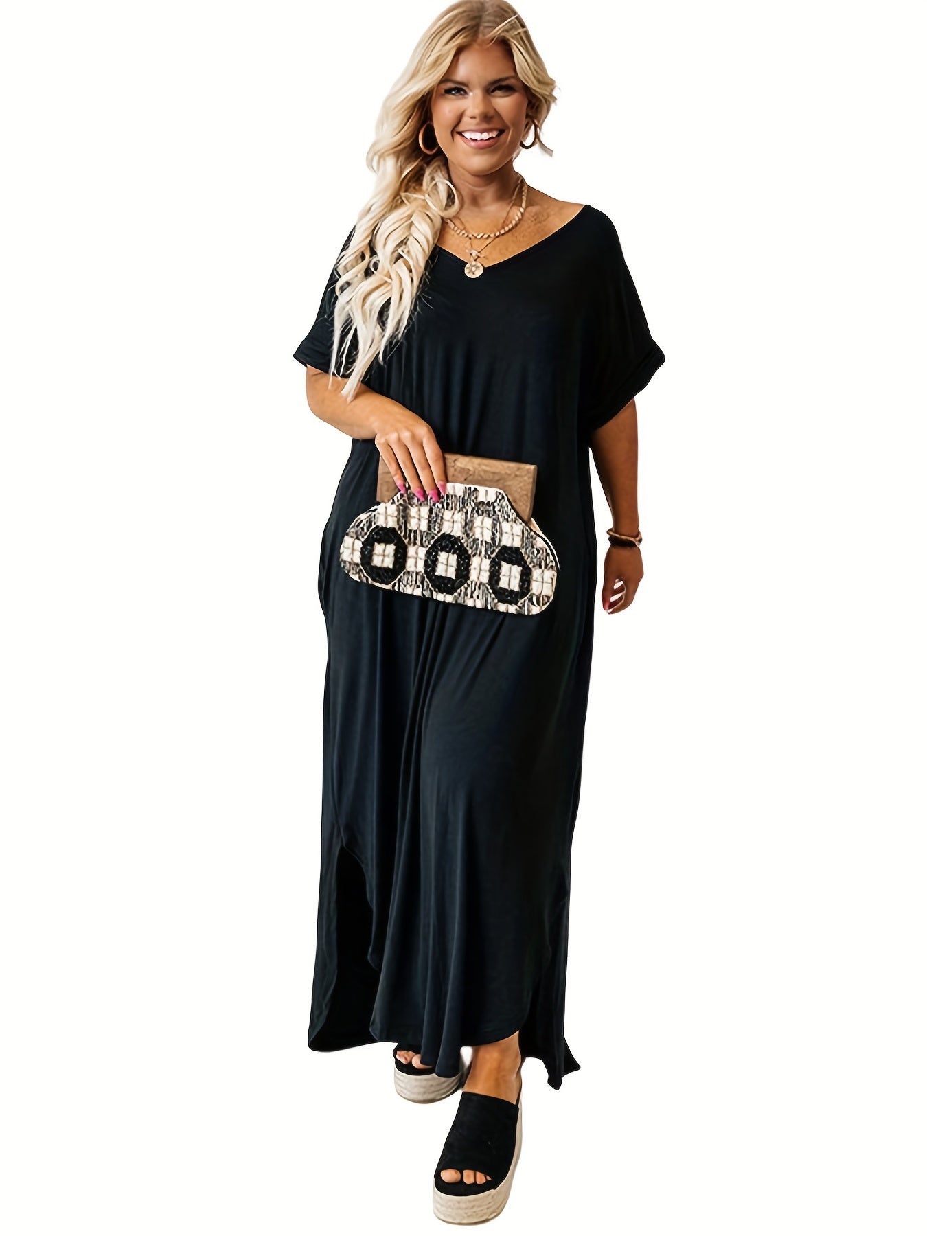  Solid Short Sleeve V Neck Maxi Dress