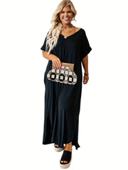  Solid Short Sleeve V Neck Maxi Dress