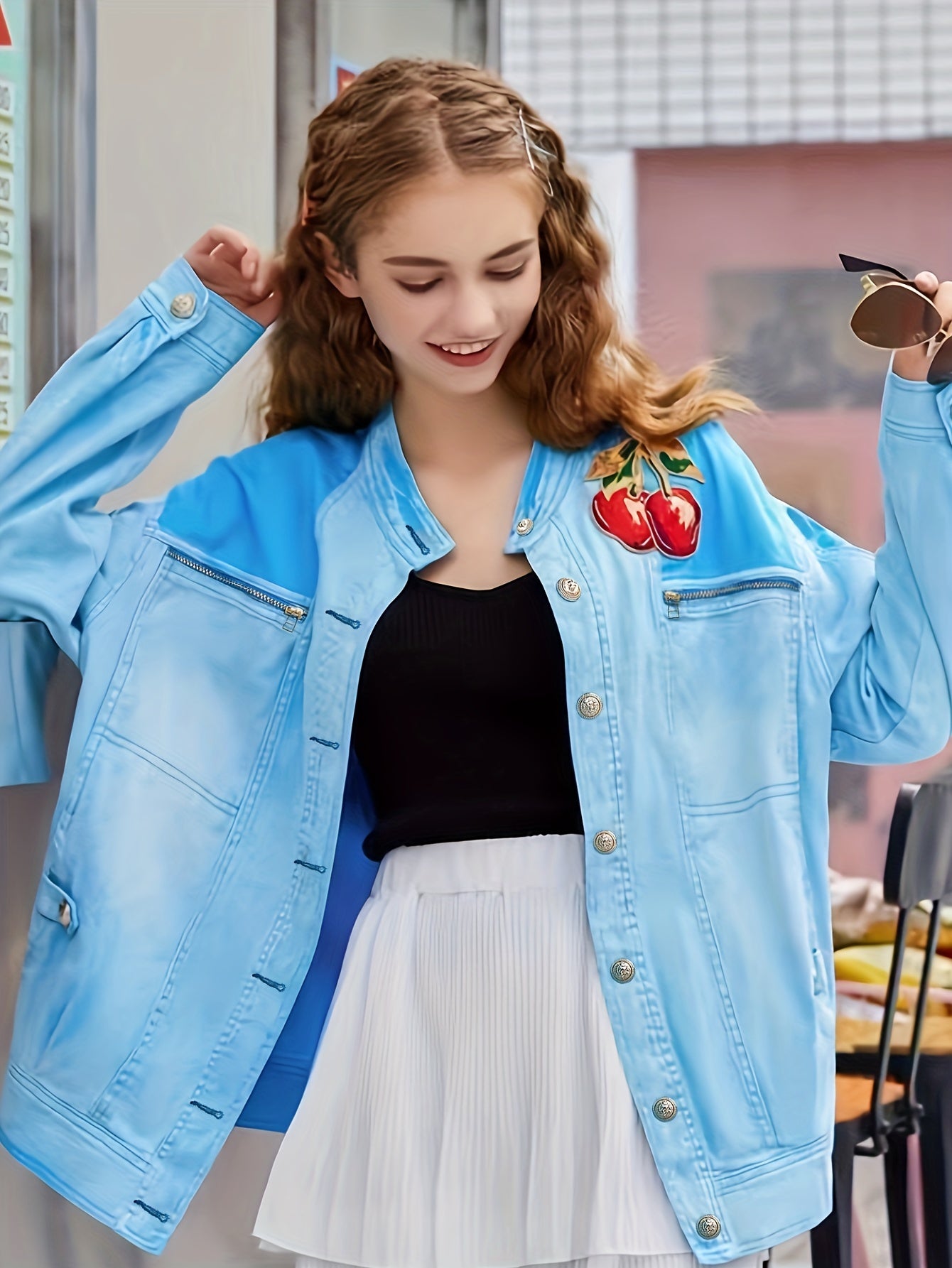 Cherry Embroidered Denim Jacket Oversized Casual Long Sleeve