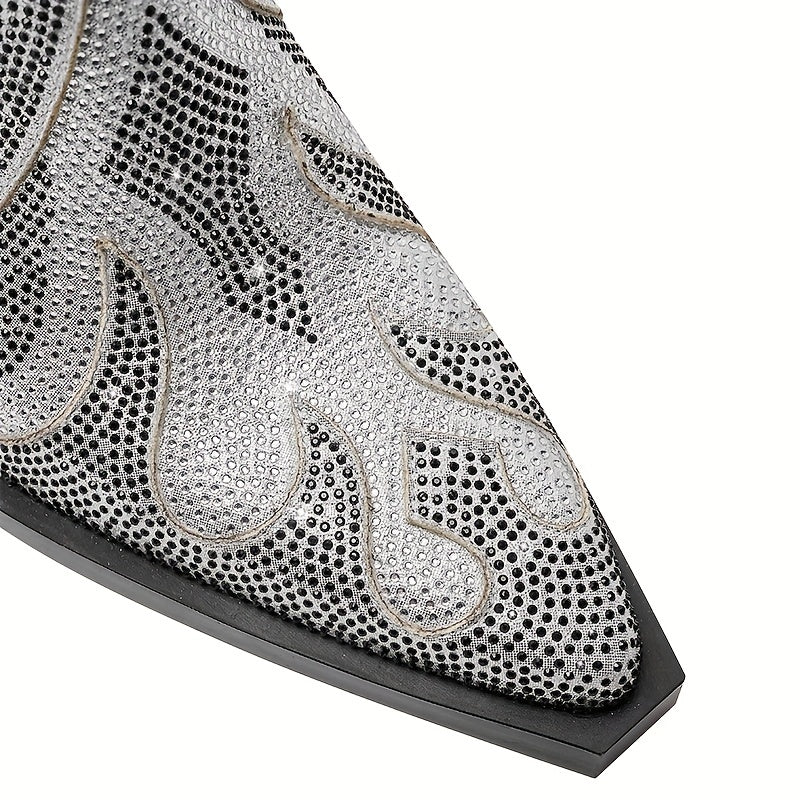 Rhinestone Pointed Toe Ankle Boots Chunky Heels Short Boots