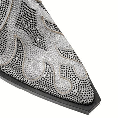 Rhinestone Pointed Toe Ankle Boots Chunky Heels Short Boots