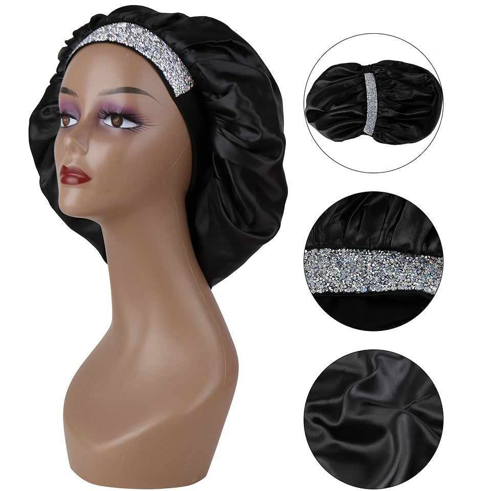 Satin Sleep Cap with Rhinestone Bling - Soft Hair Bonnet for Women
