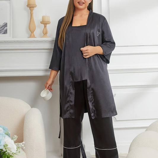  Contrast Pipping Satin Robe & Cami Top & Pants Set