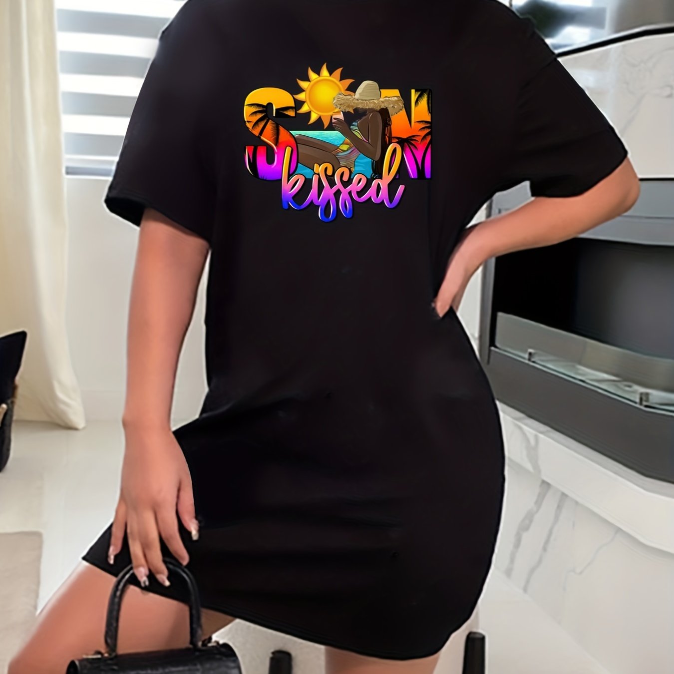  Cartoon Figure Print Short Sleeve Dress