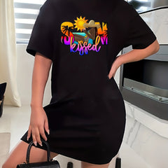  Cartoon Figure Print Short Sleeve Dress
