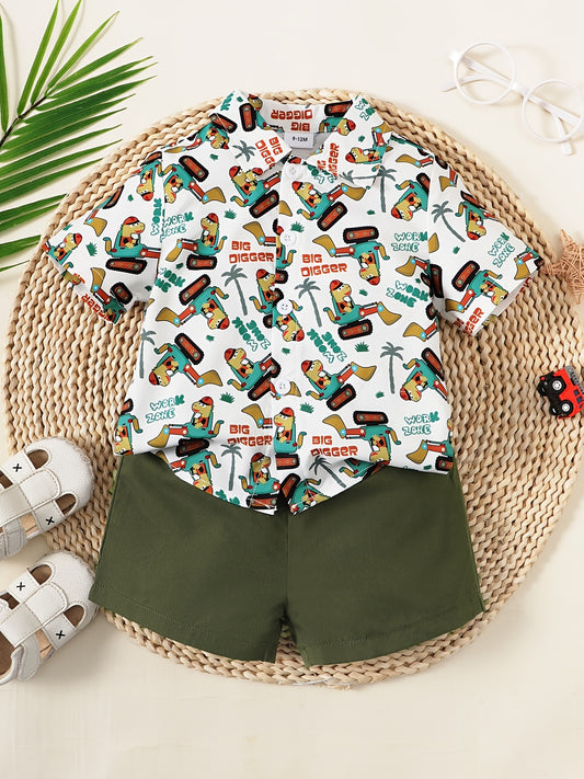2pcs Baby Boys Cartoon Print Shirt & Shorts Set for Summer